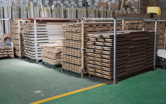 Semi-solid core door frames awaiting packaging
